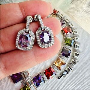 Swarovski Elements Amethyst Purple Emerald-cut Halo Earrings NEW
